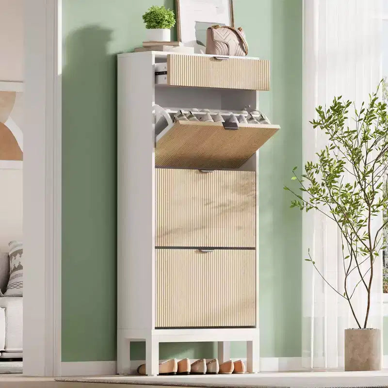 3 Flip Drawers & 1 Small Drawer, Shoe Cabinet, , Narrow Wooden Shoe Rack with Metal Legs for Entryway