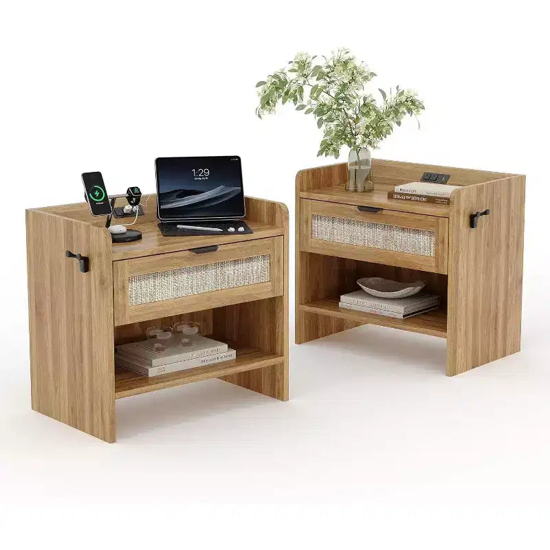 COZONY Wicker Nightstand with Type-C Charging Station, Boho Bedside Table with Drawer and Open Compartment for Bedroom
