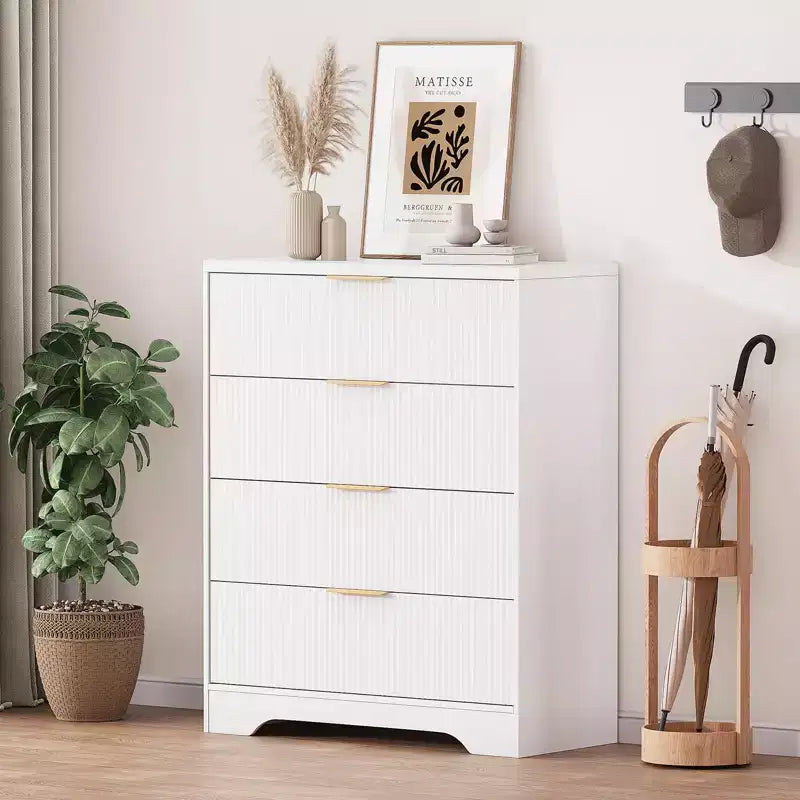 Fluted Dresser for Bedroom with 4 Drawers, 38.6 in Tall Modern Dresser with Gold Metal Handles, Wide Chest of Drawers for Hallway, Closet