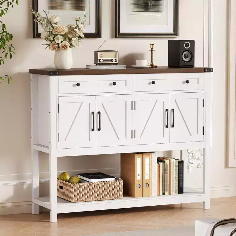 Rustic-style entryway table with 2 drawers, 4 doors, and open shelvinga narrow sideboard perfect for kitchens, hallways, or living rooms.