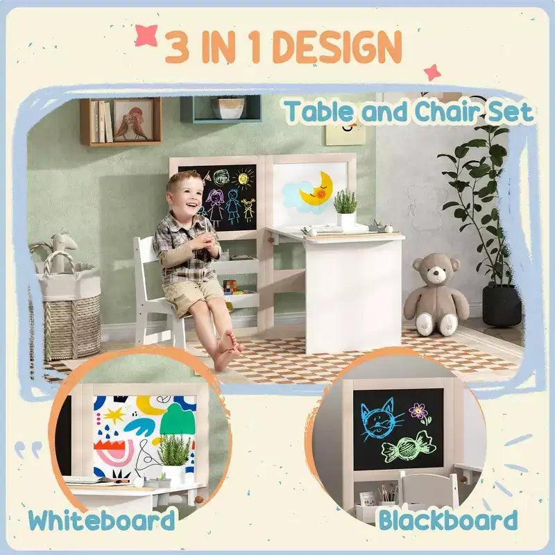 Whisen Kids Table and Chair Set with Storage Shelves, Foldable Blackboard, Whiteboard & Roll Paper, Gift for Kids - White