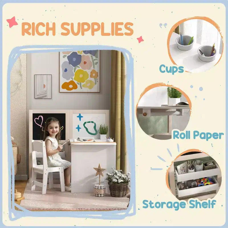 Whisen Kids Table and Chair Set with Storage Shelves, Foldable Blackboard, Whiteboard & Roll Paper, Gift for Kids - White