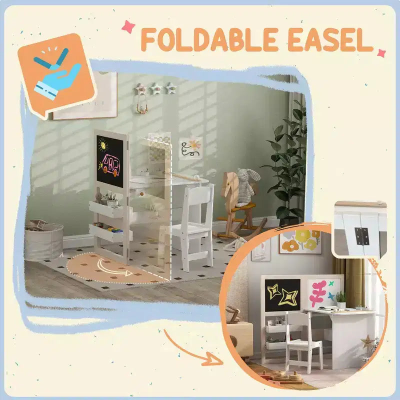 Whisen Kids Table and Chair Set with Storage Shelves, Foldable Blackboard, Whiteboard & Roll Paper, Gift for Kids - White