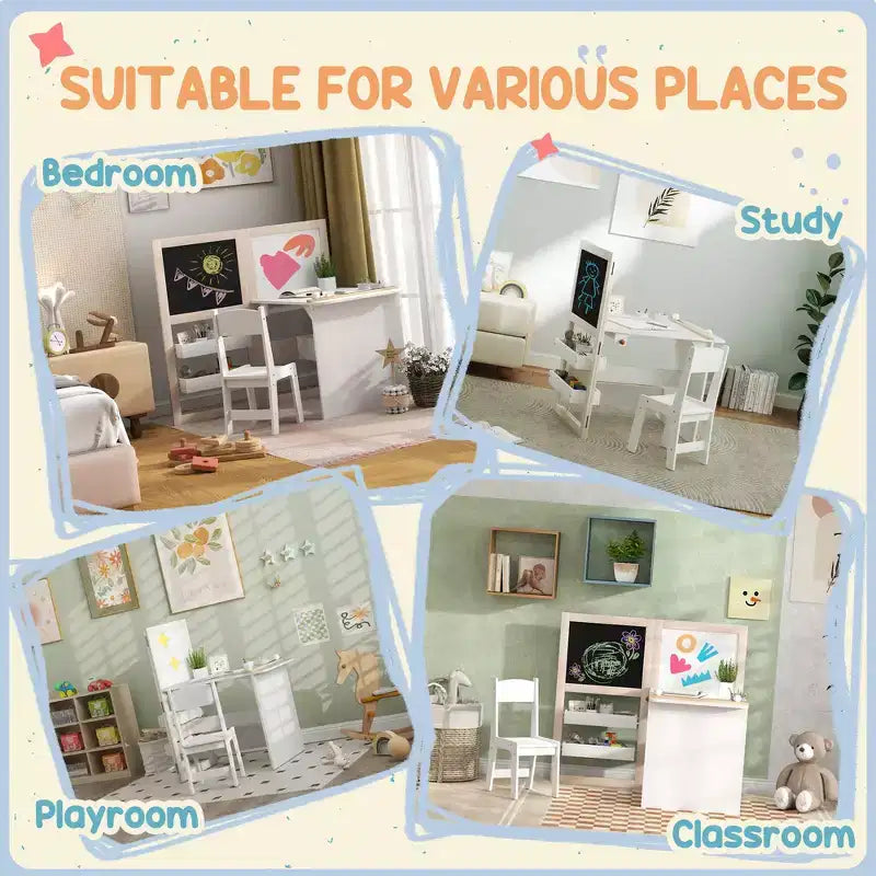 Whisen Kids Table and Chair Set with Storage Shelves, Foldable Blackboard, Whiteboard & Roll Paper, Gift for Kids - White