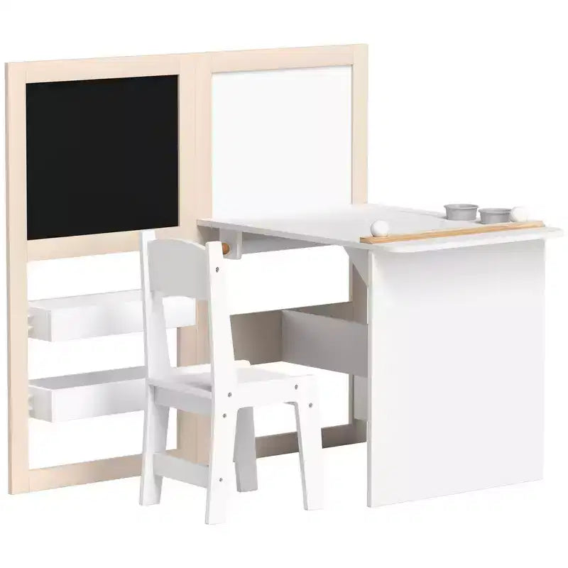 Whisen Kids Table and Chair Set with Storage Shelves, Foldable Blackboard, Whiteboard & Roll Paper, Gift for Kids - White