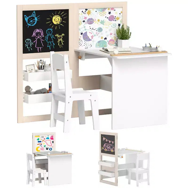 Whisen Kids Table and Chair Set with Storage Shelves, Foldable Blackboard, Whiteboard & Roll Paper, Gift for Kids - White