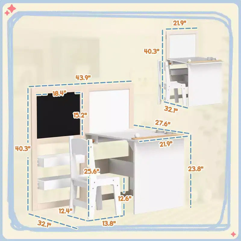 Whisen Kids Table and Chair Set with Storage Shelves, Foldable Blackboard, Whiteboard & Roll Paper, Gift for Kids - White