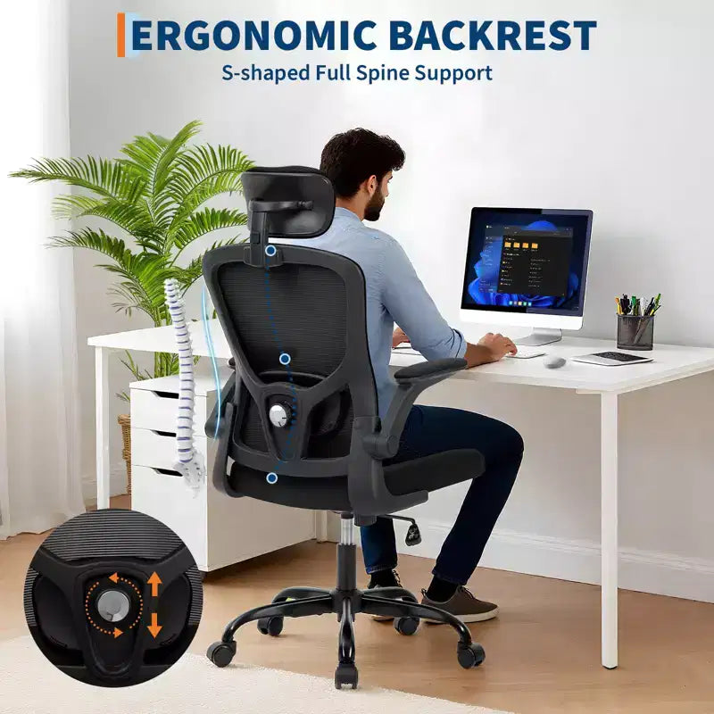 Office Computer Chair with Headrest, Mesh Home Office Chair with Adjustable Back Support & Armrest, High Back Ergonomic Rolling Work Chair for Study
