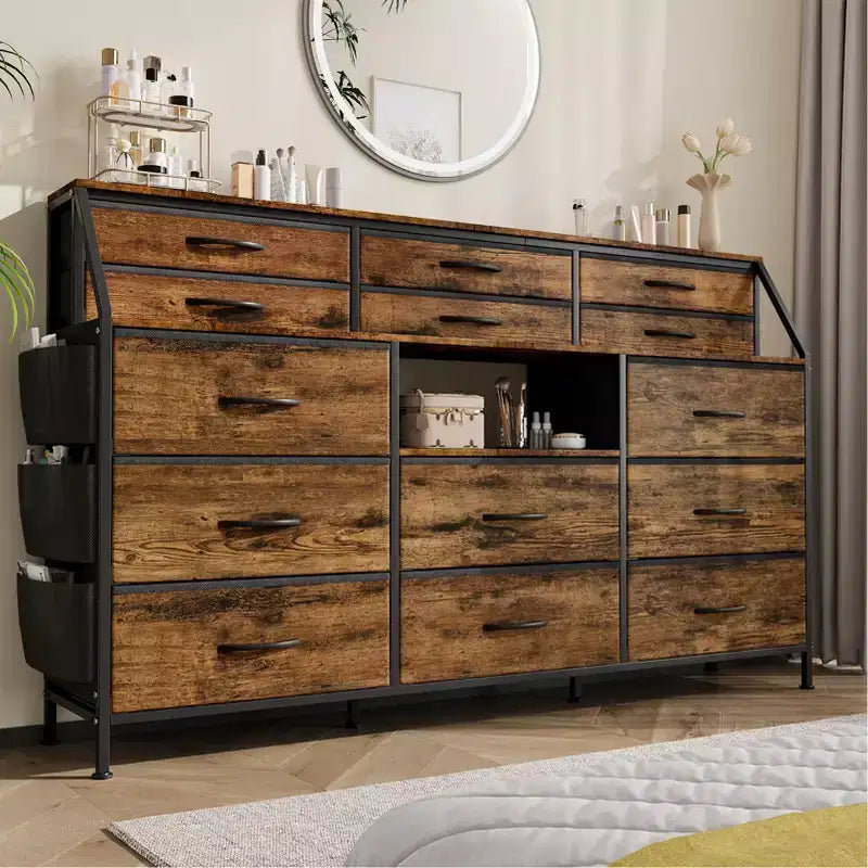 Dresser TV Stand with 14 Fabric Drawers, Bedroom Dresser with Metal Frame and Wood Top Open Shelves for Bedroom for Living Room, Bedroom, Closet