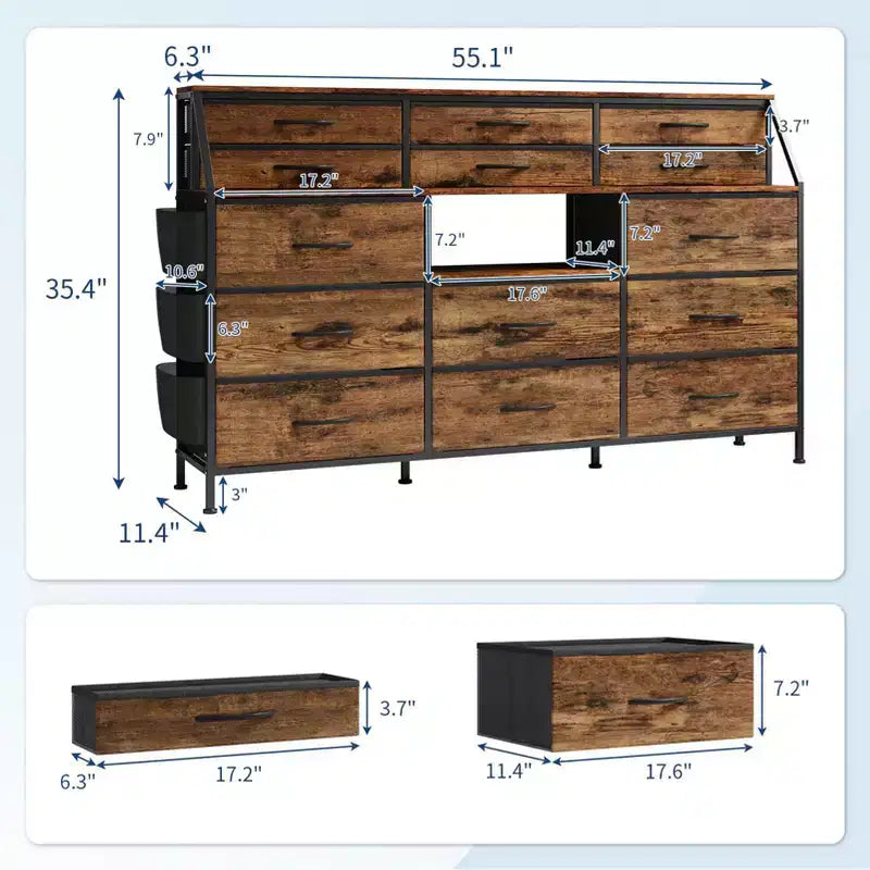 Dresser TV Stand with 14 Fabric Drawers, Bedroom Dresser with Metal Frame and Wood Top Open Shelves for Bedroom for Living Room, Bedroom, Closet