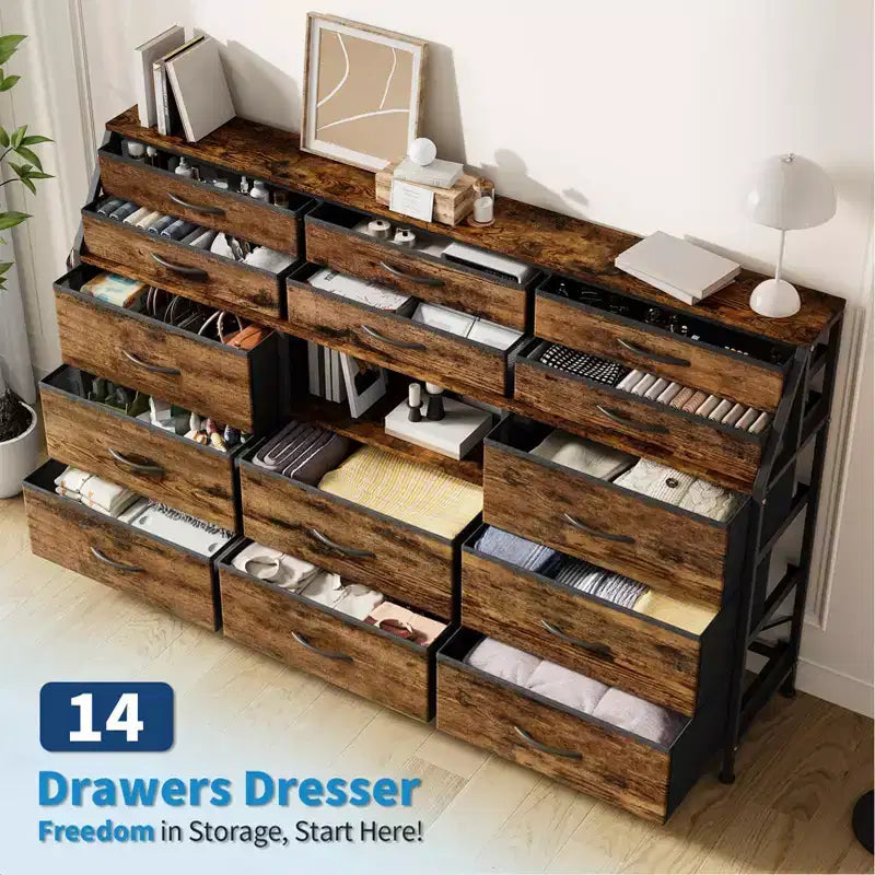 Dresser TV Stand with 14 Fabric Drawers, Bedroom Dresser with Metal Frame and Wood Top Open Shelves for Bedroom for Living Room, Bedroom, Closet