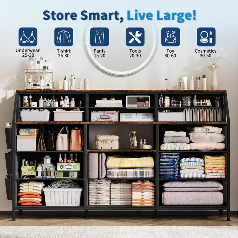 Dresser TV Stand with 14 Fabric Drawers, Bedroom Dresser with Metal Frame and Wood Top Open Shelves for Bedroom for Living Room, Bedroom, Closet