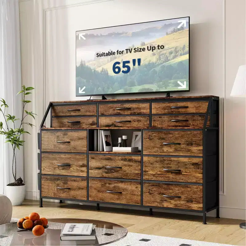 Dresser TV Stand with 14 Fabric Drawers, Bedroom Dresser with Metal Frame and Wood Top Open Shelves for Bedroom for Living Room, Bedroom, Closet