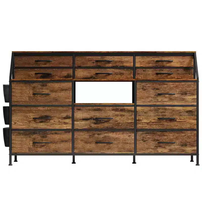 Dresser TV Stand with 14 Fabric Drawers, Bedroom Dresser with Metal Frame and Wood Top Open Shelves for Bedroom for Living Room, Bedroom, Closet
