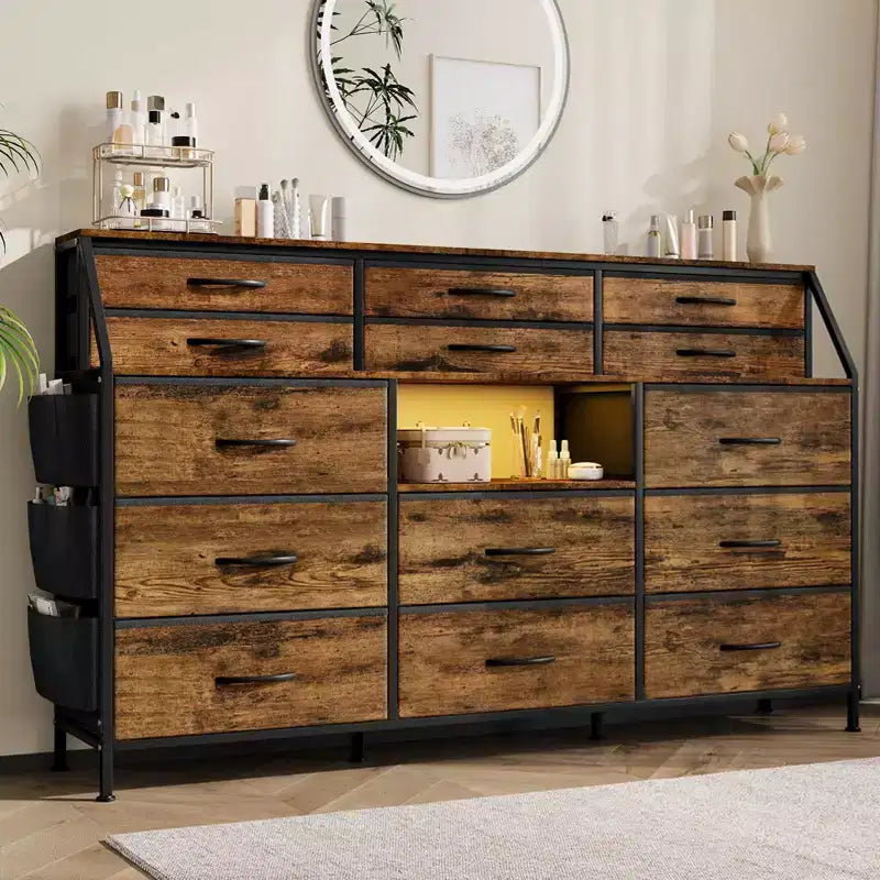 Dresser TV Stand with 14 Fabric Drawers, Bedroom Dresser with Metal Frame and Wood Top Open Shelves for Bedroom for Living Room, Bedroom, Closet