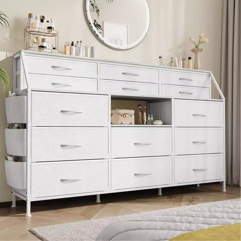 Dresser TV Stand with 14 Fabric Drawers, Bedroom Dresser with Metal Frame and Wood Top Open Shelves for Bedroom for Living Room, Bedroom, Closet
