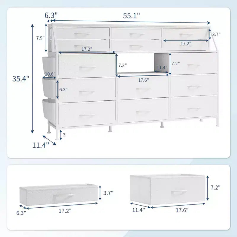 Dresser TV Stand with 14 Fabric Drawers, Bedroom Dresser with Metal Frame and Wood Top Open Shelves for Bedroom for Living Room, Bedroom, Closet