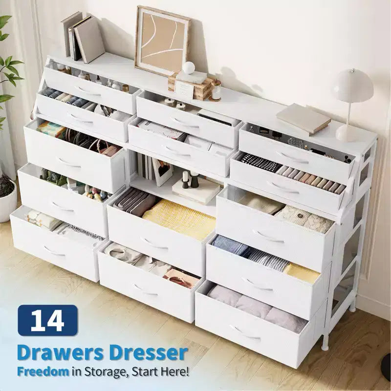 Dresser TV Stand with 14 Fabric Drawers, Bedroom Dresser with Metal Frame and Wood Top Open Shelves for Bedroom for Living Room, Bedroom, Closet