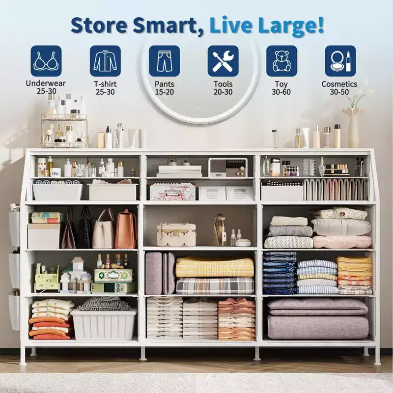 Dresser TV Stand with 14 Fabric Drawers, Bedroom Dresser with Metal Frame and Wood Top Open Shelves for Bedroom for Living Room, Bedroom, Closet
