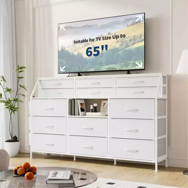 Dresser TV Stand with 14 Fabric Drawers, Bedroom Dresser with Metal Frame and Wood Top Open Shelves for Bedroom for Living Room, Bedroom, Closet
