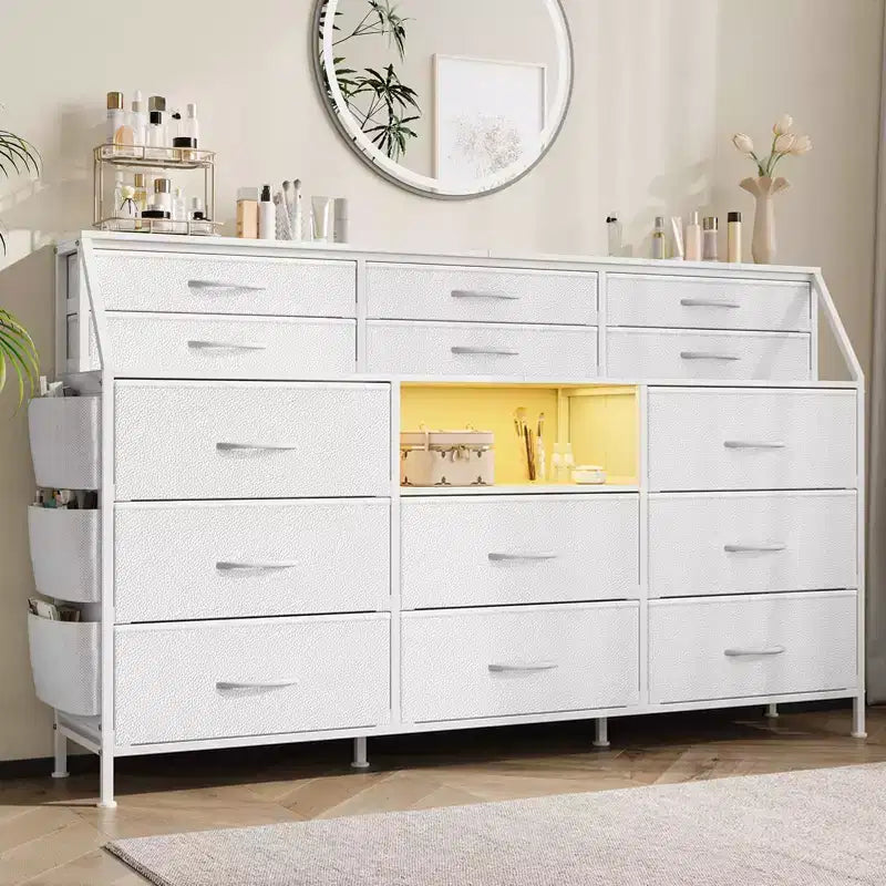 Dresser TV Stand with 14 Fabric Drawers, Bedroom Dresser with Metal Frame and Wood Top Open Shelves for Bedroom for Living Room, Bedroom, Closet