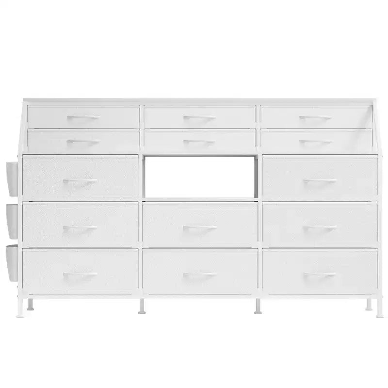 Dresser TV Stand with 14 Fabric Drawers, Bedroom Dresser with Metal Frame and Wood Top Open Shelves for Bedroom for Living Room, Bedroom, Closet