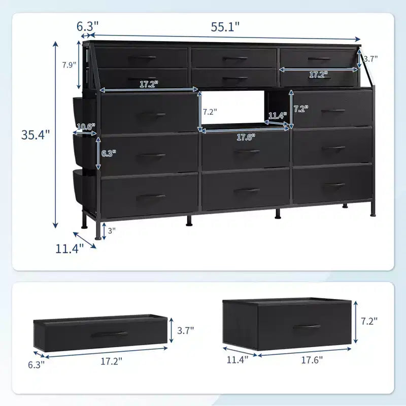 Dresser TV Stand with 14 Fabric Drawers, Bedroom Dresser with Metal Frame and Wood Top Open Shelves for Bedroom for Living Room, Bedroom, Closet