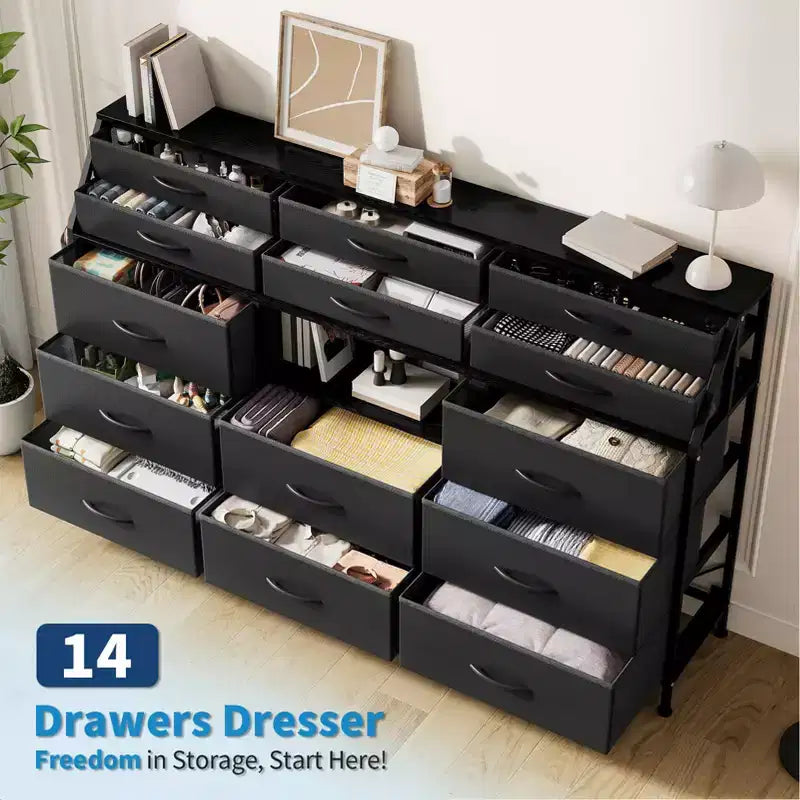 Dresser TV Stand with 14 Fabric Drawers, Bedroom Dresser with Metal Frame and Wood Top Open Shelves for Bedroom for Living Room, Bedroom, Closet