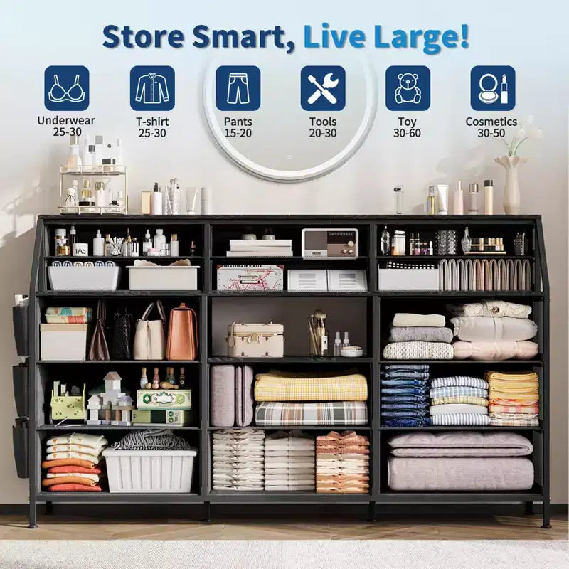Dresser TV Stand with 14 Fabric Drawers, Bedroom Dresser with Metal Frame and Wood Top Open Shelves for Bedroom for Living Room, Bedroom, Closet