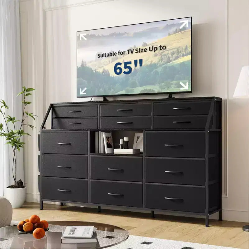 Dresser TV Stand with 14 Fabric Drawers, Bedroom Dresser with Metal Frame and Wood Top Open Shelves for Bedroom for Living Room, Bedroom, Closet