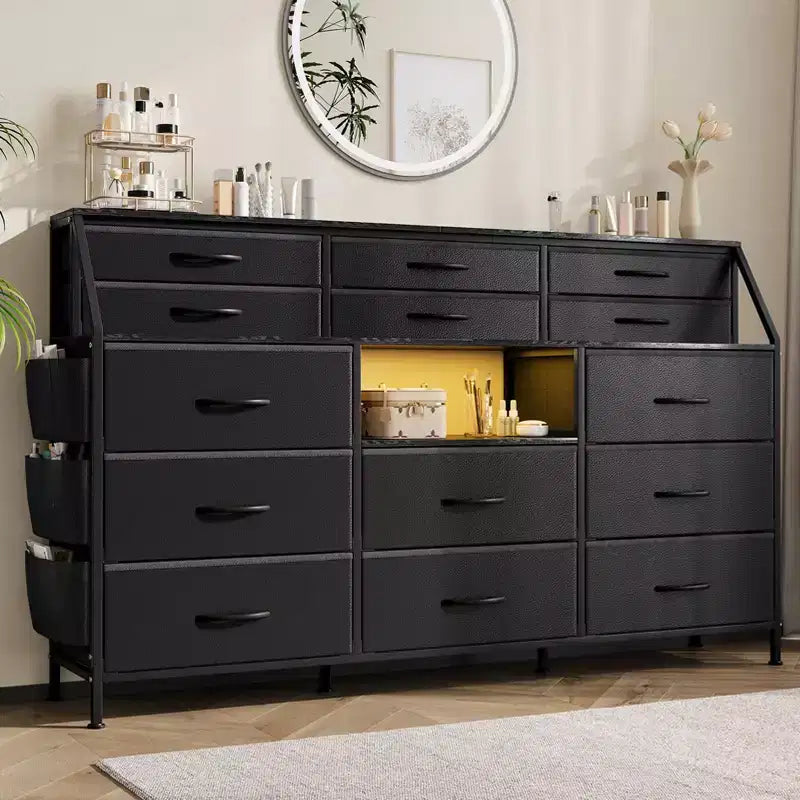 Dresser TV Stand with 14 Fabric Drawers, Bedroom Dresser with Metal Frame and Wood Top Open Shelves for Bedroom for Living Room, Bedroom, Closet