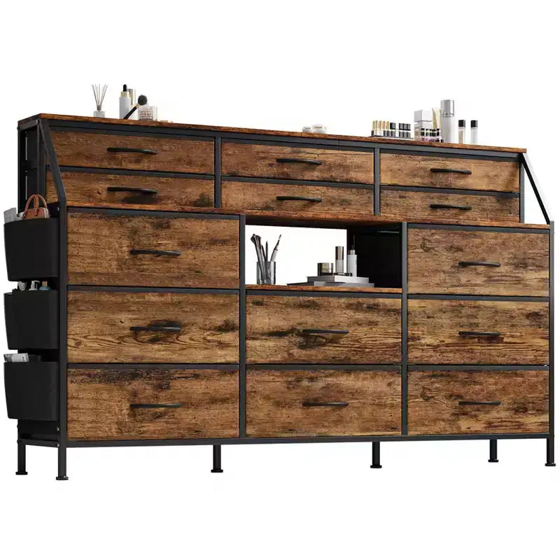 Dresser TV Stand with 14 Fabric Drawers, Bedroom Dresser with Metal Frame and Wood Top Open Shelves for Bedroom for Living Room, Bedroom, Closet
