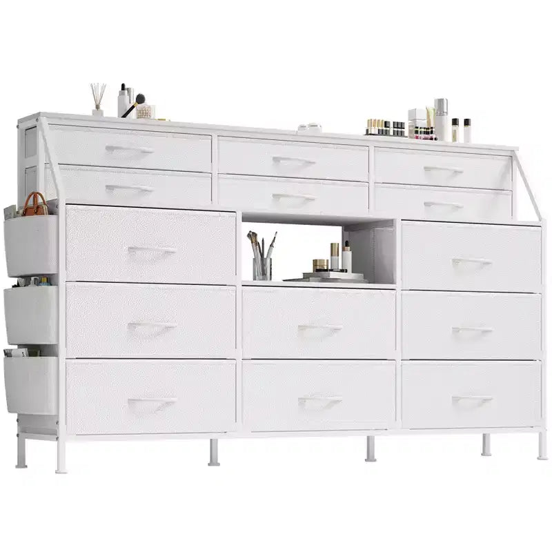 Dresser TV Stand with 14 Fabric Drawers, Bedroom Dresser with Metal Frame and Wood Top Open Shelves for Bedroom for Living Room, Bedroom, Closet