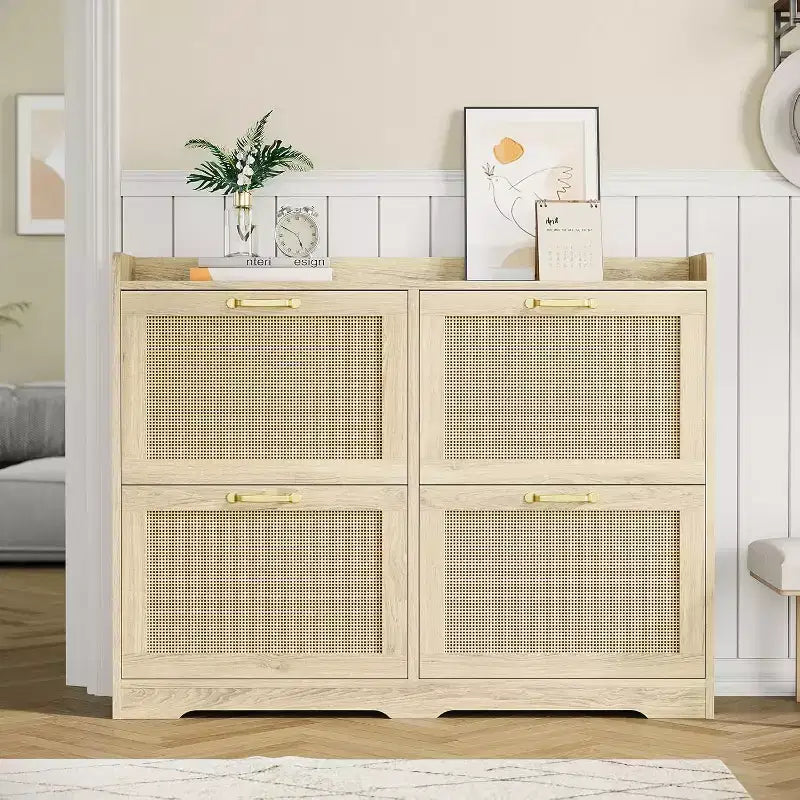 Freestanding Rattan Accent Ultra Slim Shoe Cabinet for Entryway - 4 Flip Drawers , Farmhouse Modern Rustic Shoe Rack for Hallway, Foyer, Living Room