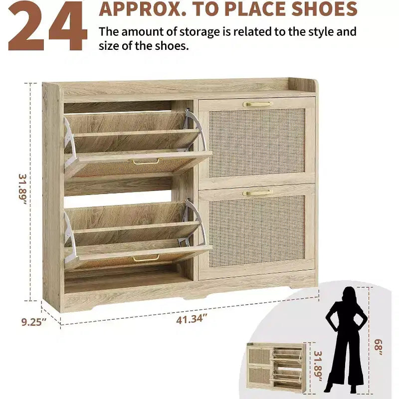 Freestanding Rattan Accent Ultra Slim Shoe Cabinet for Entryway - 4 Flip Drawers , Farmhouse Modern Rustic Shoe Rack for Hallway, Foyer, Living Room