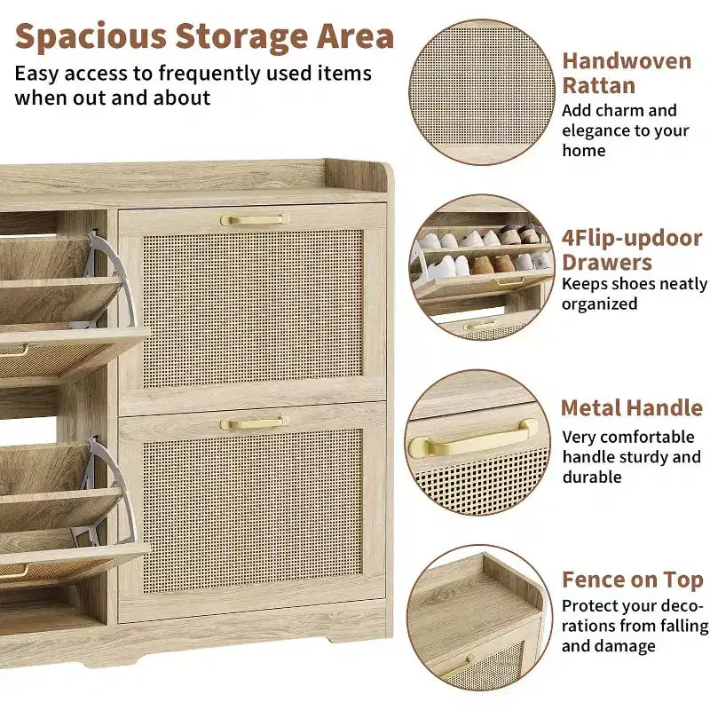 Freestanding Rattan Accent Ultra Slim Shoe Cabinet for Entryway - 4 Flip Drawers , Farmhouse Modern Rustic Shoe Rack for Hallway, Foyer, Living Room