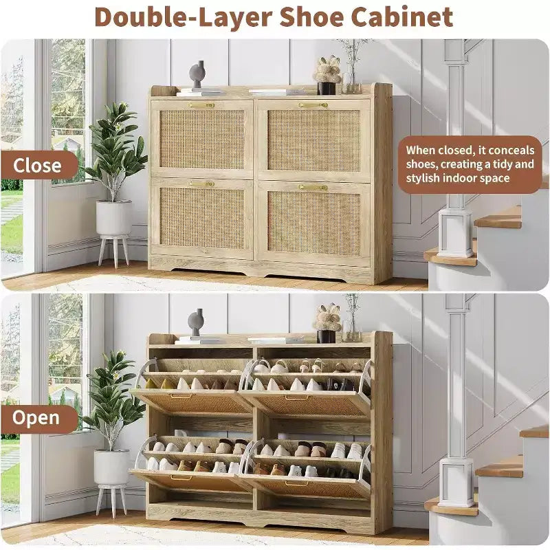 Freestanding Rattan Accent Ultra Slim Shoe Cabinet for Entryway - 4 Flip Drawers , Farmhouse Modern Rustic Shoe Rack for Hallway, Foyer, Living Room