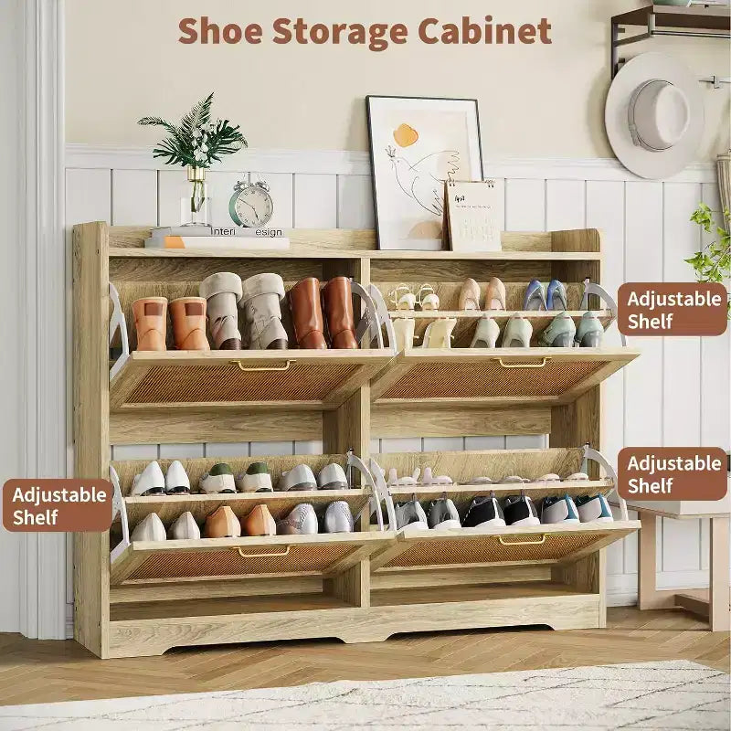 Freestanding Rattan Accent Ultra Slim Shoe Cabinet for Entryway - 4 Flip Drawers , Farmhouse Modern Rustic Shoe Rack for Hallway, Foyer, Living Room