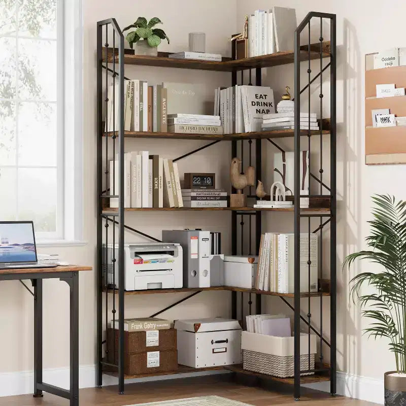 GustoWave 5-Tier Corner Bookshelf 72 Tall L-Shaped Bookcase Storage Shelf with Metal Frame