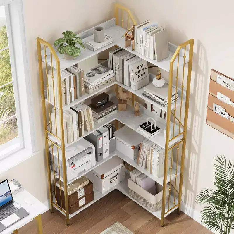 GustoWave 5-Tier Corner Bookshelf 72 Tall L-Shaped Bookcase Storage Shelf with Metal Frame