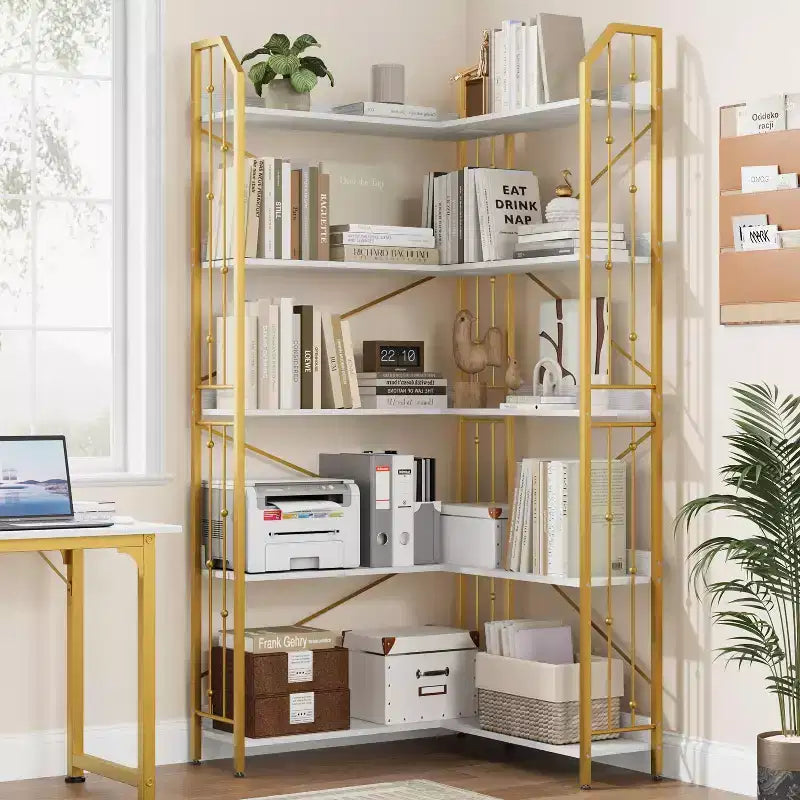 GustoWave 5-Tier Corner Bookshelf 72 Tall L-Shaped Bookcase Storage Shelf with Metal Frame