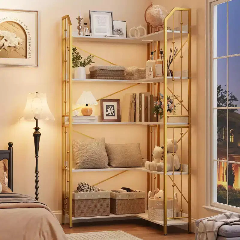 GustoWave 5-Tier Corner Bookshelf 72 Tall L-Shaped Bookcase Storage Shelf with Metal Frame