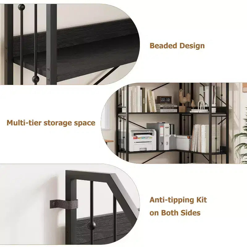 GustoWave 5-Tier Corner Bookshelf 72 Tall L-Shaped Bookcase Storage Shelf with Metal Frame