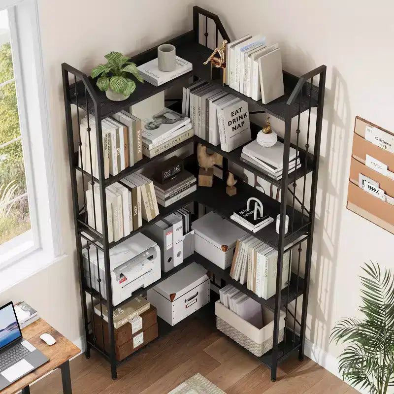 GustoWave 5-Tier Corner Bookshelf 72 Tall L-Shaped Bookcase Storage Shelf with Metal Frame