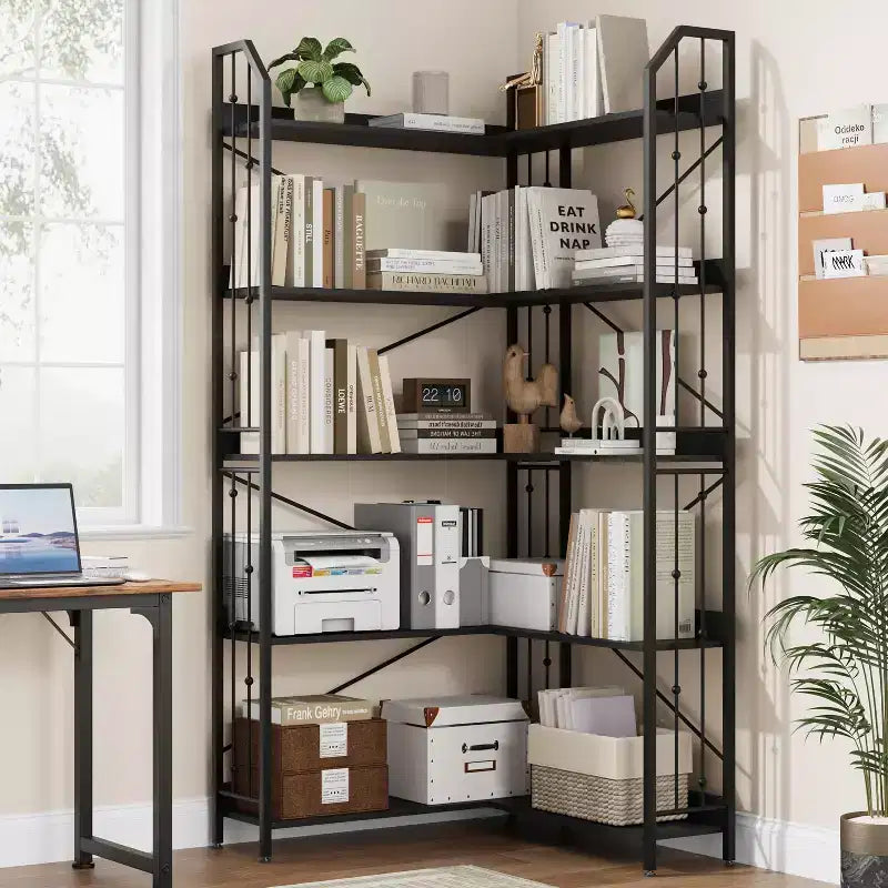 GustoWave 5-Tier Corner Bookshelf 72 Tall L-Shaped Bookcase Storage Shelf with Metal Frame
