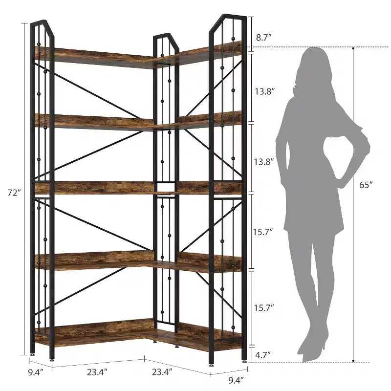 GustoWave 5-Tier Corner Bookshelf 72 Tall L-Shaped Bookcase Storage Shelf with Metal Frame