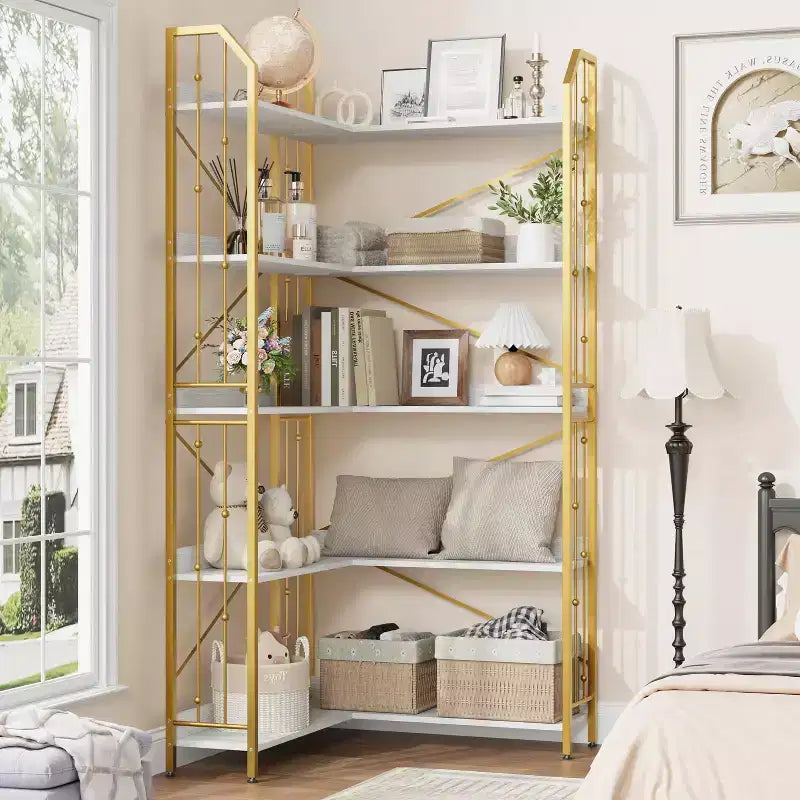 GustoWave 5-Tier Corner Bookshelf 72 Tall L-Shaped Bookcase Storage Shelf with Metal Frame