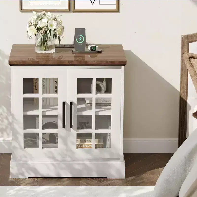 Modern White MDF End Table Nightstand with Charging Station, Adjustable Glass Door & Storage | Compact Functional Bedside Table for Bedroom
