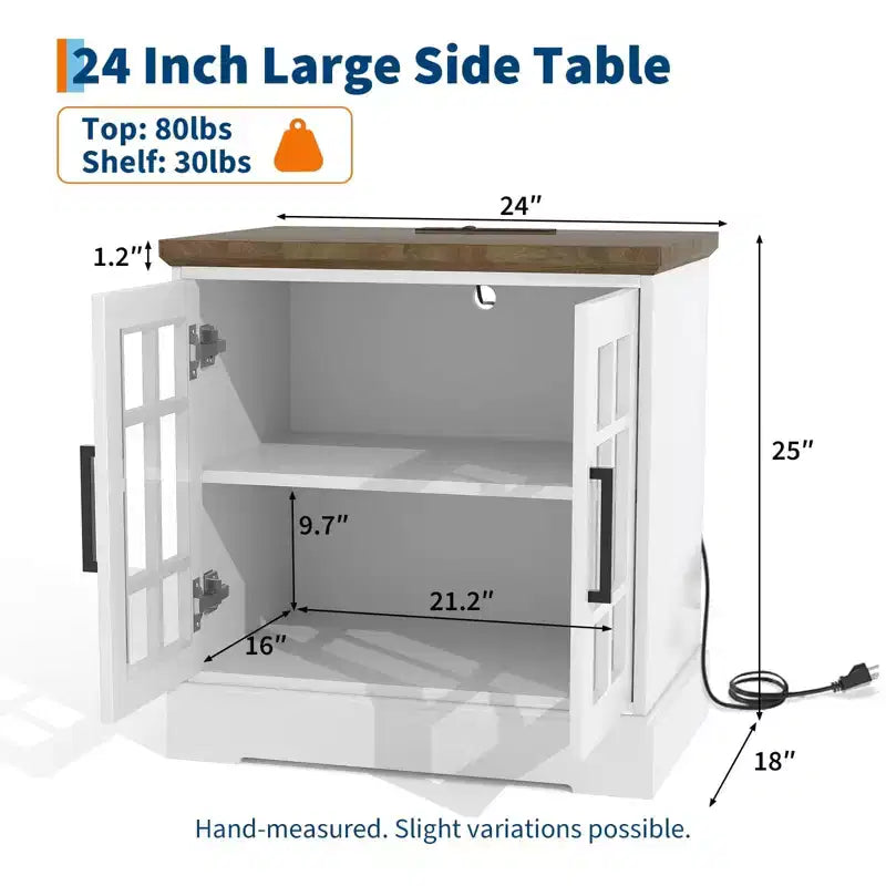 Modern White MDF End Table Nightstand with Charging Station, Adjustable Glass Door & Storage | Compact Functional Bedside Table for Bedroom