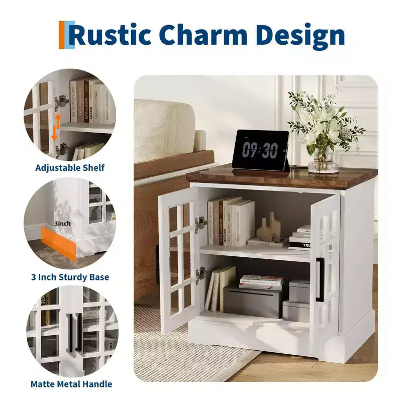 Modern White MDF End Table Nightstand with Charging Station, Adjustable Glass Door & Storage | Compact Functional Bedside Table for Bedroom